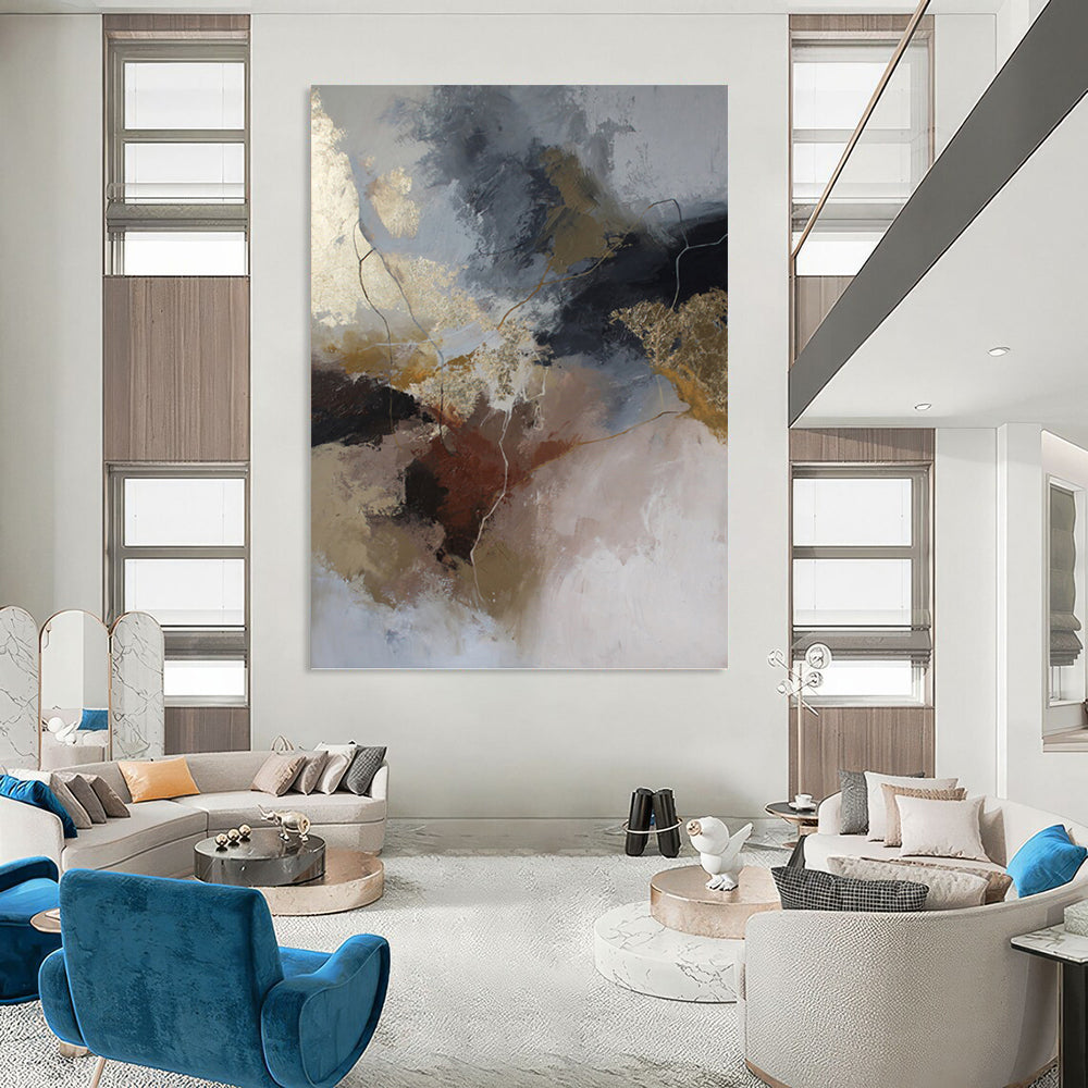 “Neutral & Gold Abstract Fusion” - Gray, Brown, Gold & White Expressionistic Painting On Canvas DKH1017