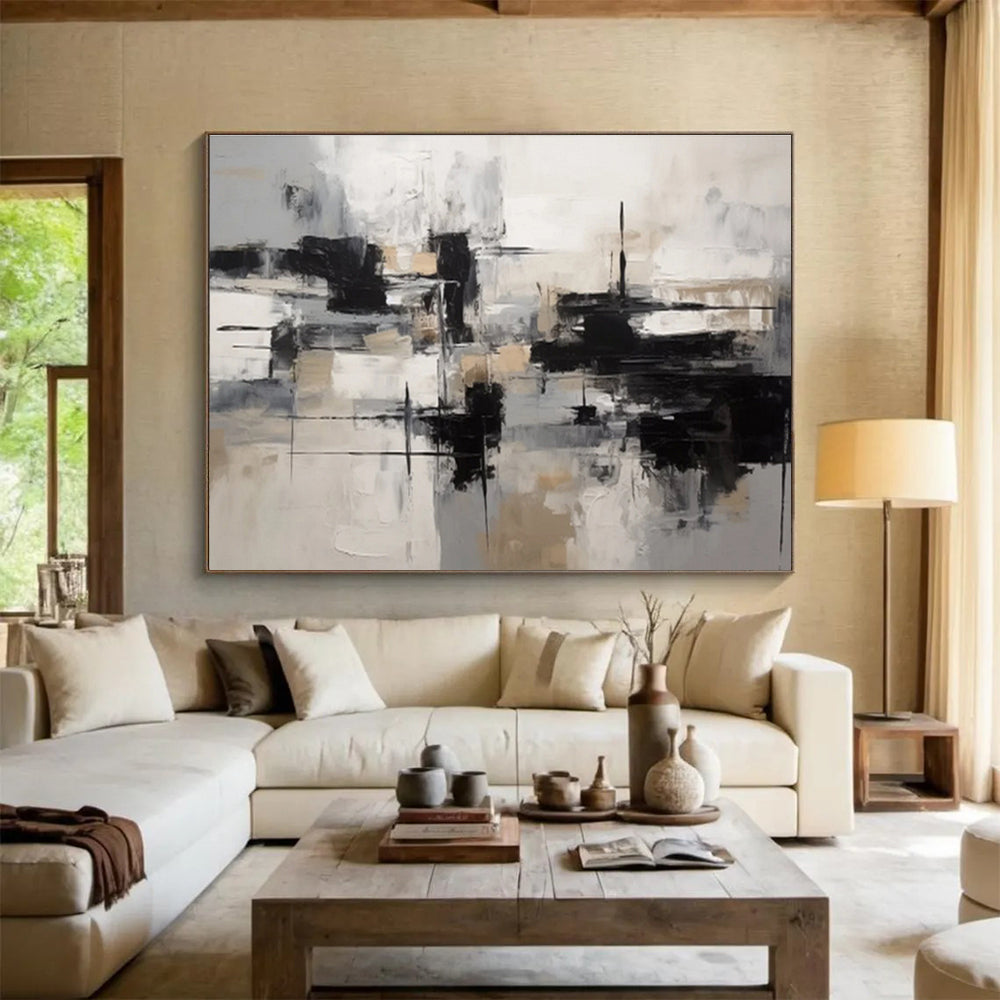 “Black, White & Beige Geometric Abstraction” Geometric Abstract Painting On Canvas DKH335
