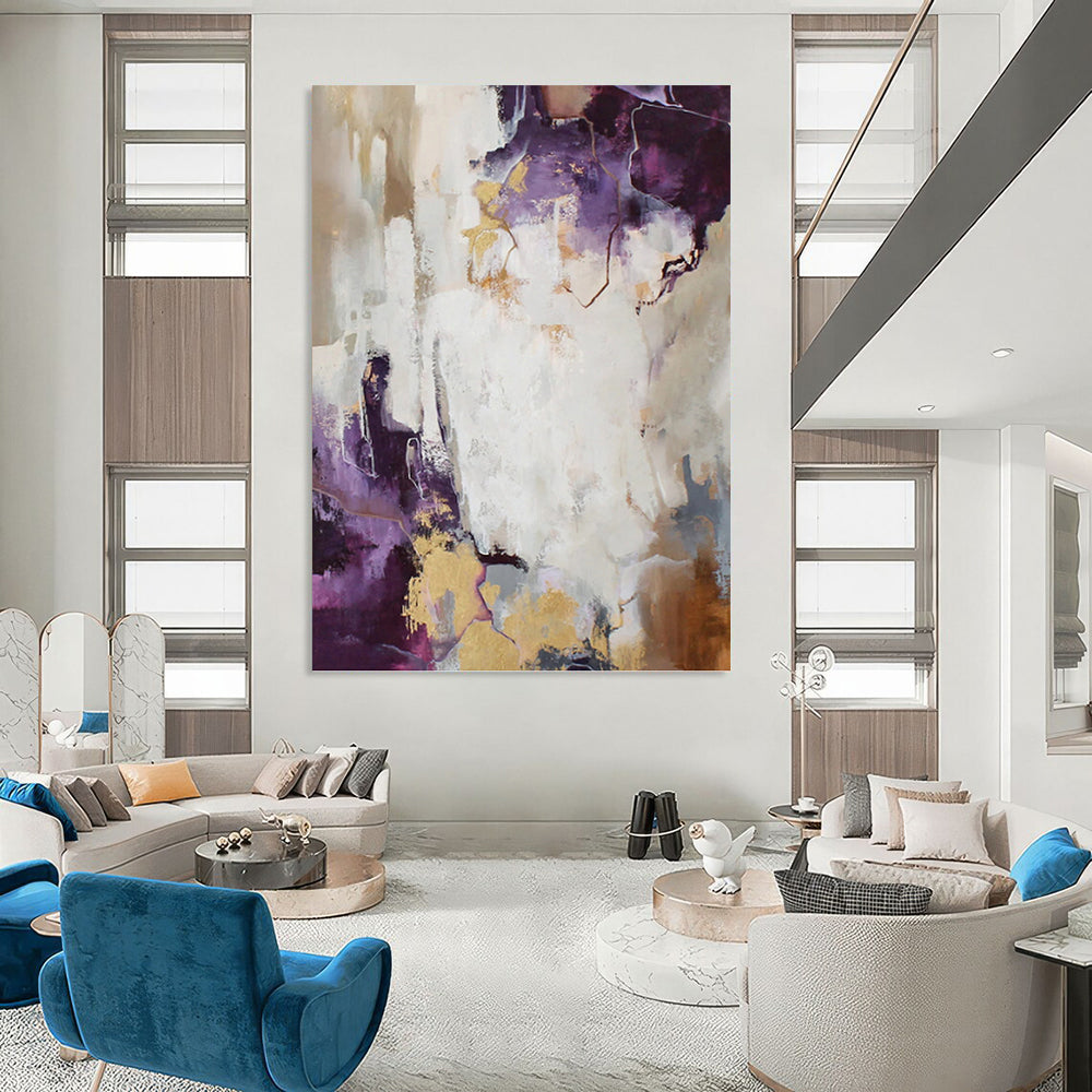 “Purple, Gold & White Abstract” - Purple, Gold & White Opulent Painting On Canvas DKH1009