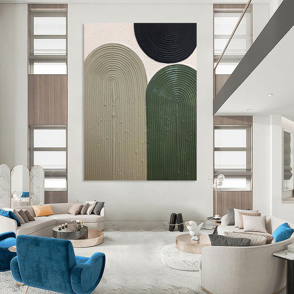 “Earthy Arches” - Black, Beige & Green Textured Curves Painting On Canvas DKH1166