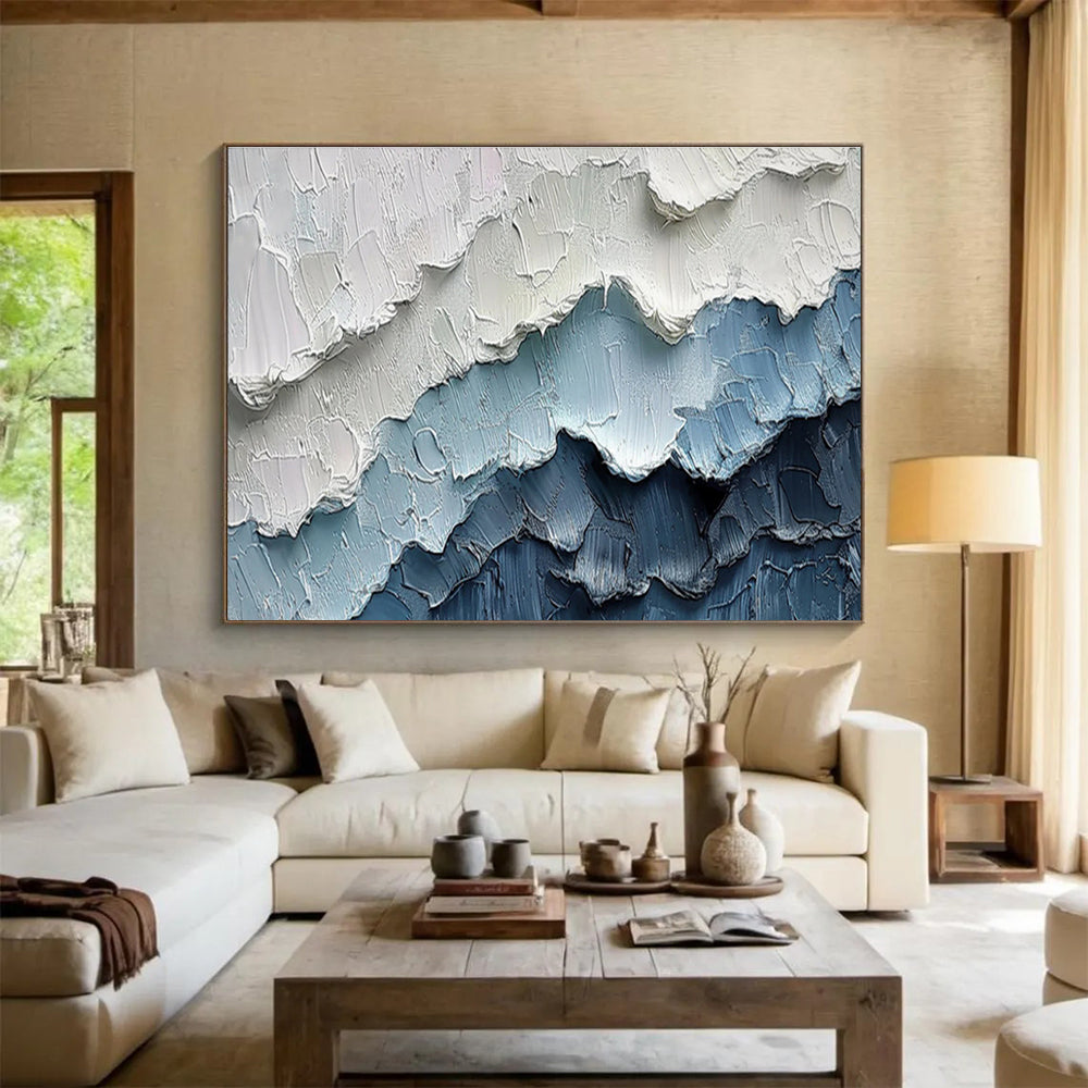 3D Textured Mountain Ranges - Blue and White Impasto Layers Painting On Canvas DKH049