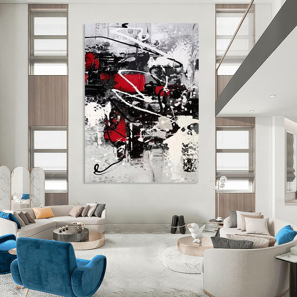 “Black, White, Red Dynamic Splashes ‘Vibrant Chaos’” - Impasto Abstract Painting On Canvas DTP383