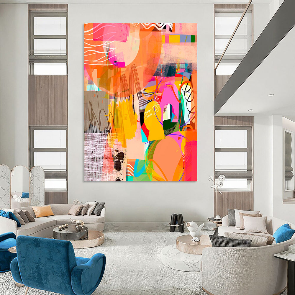 Vibrant Geometric Collage, Playful Shapes - "Color Carnival Collage" - Mixed - media Abstract Art CT1841