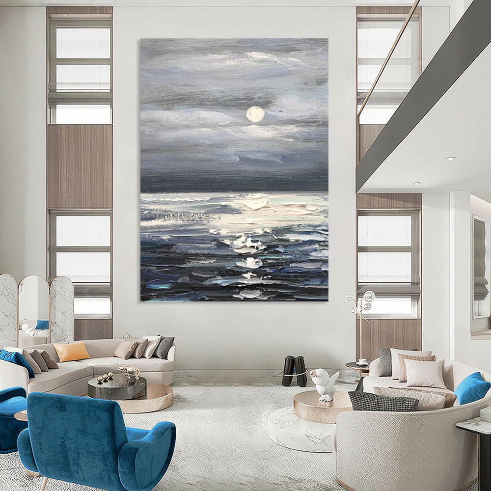 Moonlit Ocean in Gray and Blue - Impressionistic Seascape Painting On Canvas DKH1293