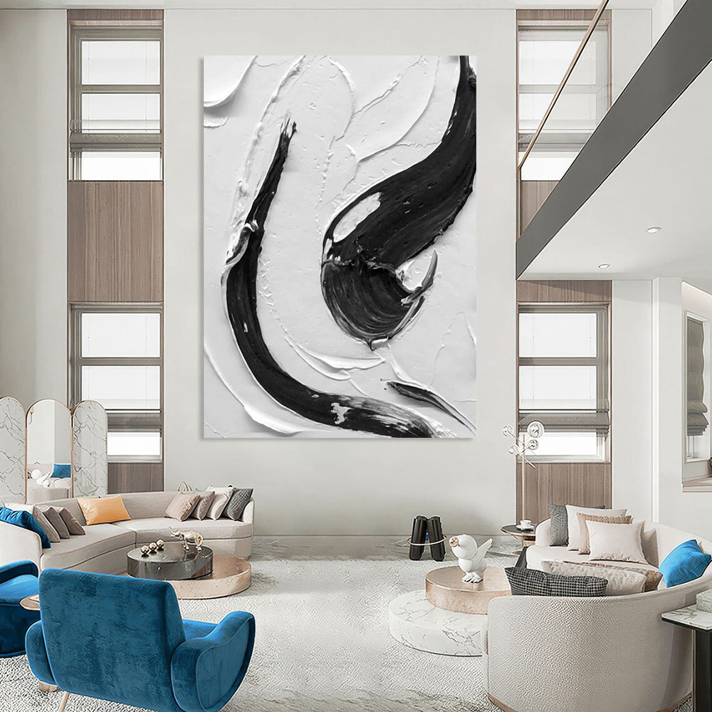 “Black, White Textured Swirls ‘Dynamic Balance’” - Impasto Abstract Painting On Canvas DTP377