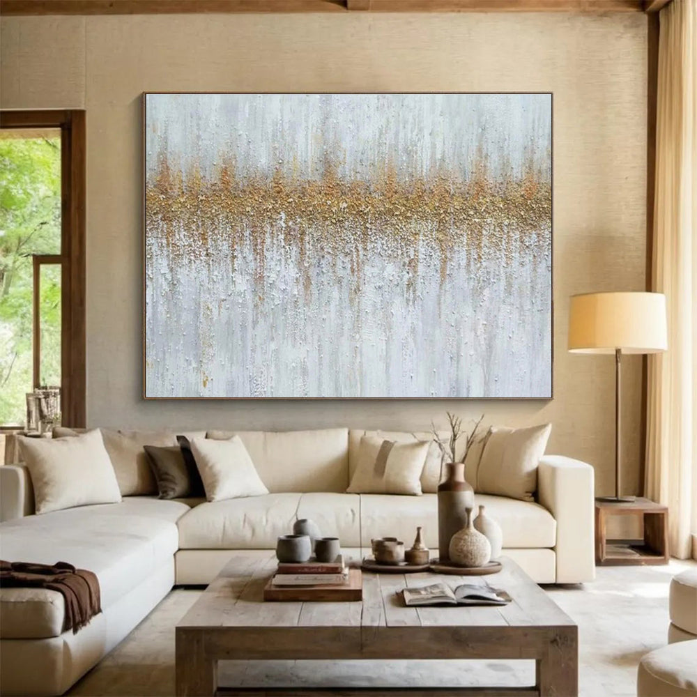 Textured Gold and White Abstract Painting On Canvas DKH302