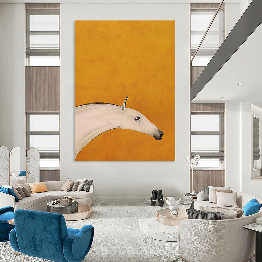Minimalist White Horse on Orange Background - Equine Painting On Canvas DKH1427