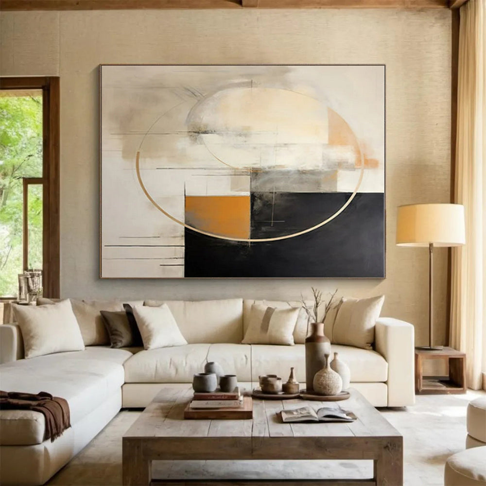 “Beige - Black - Gold Abstract Circles” ,Abstract Acrylic Painting CT0820