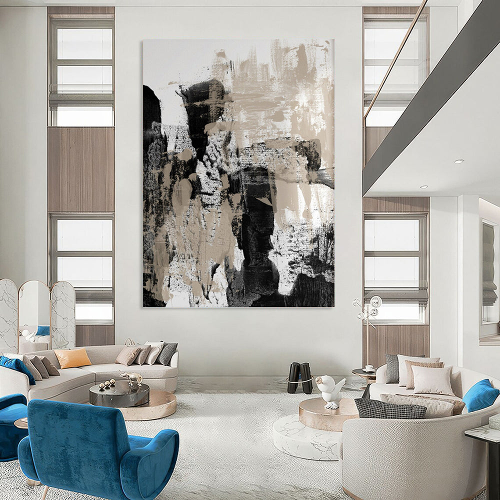 “Monochrome Abstract Strokes” - Black, White & Beige Textured Painting On Canvas DKH0966