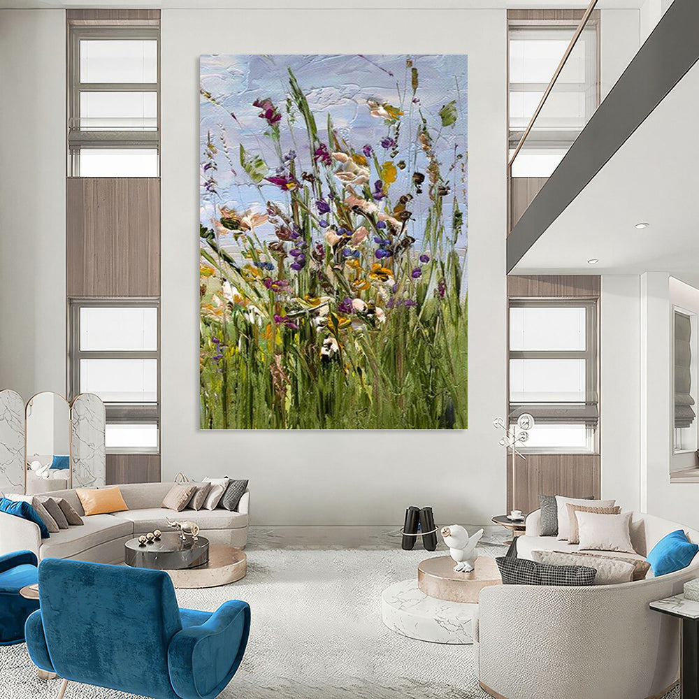“Colorful Wildflower Impasto” - Purple, Yellow & Green Floral Painting On Canvas DKH0947