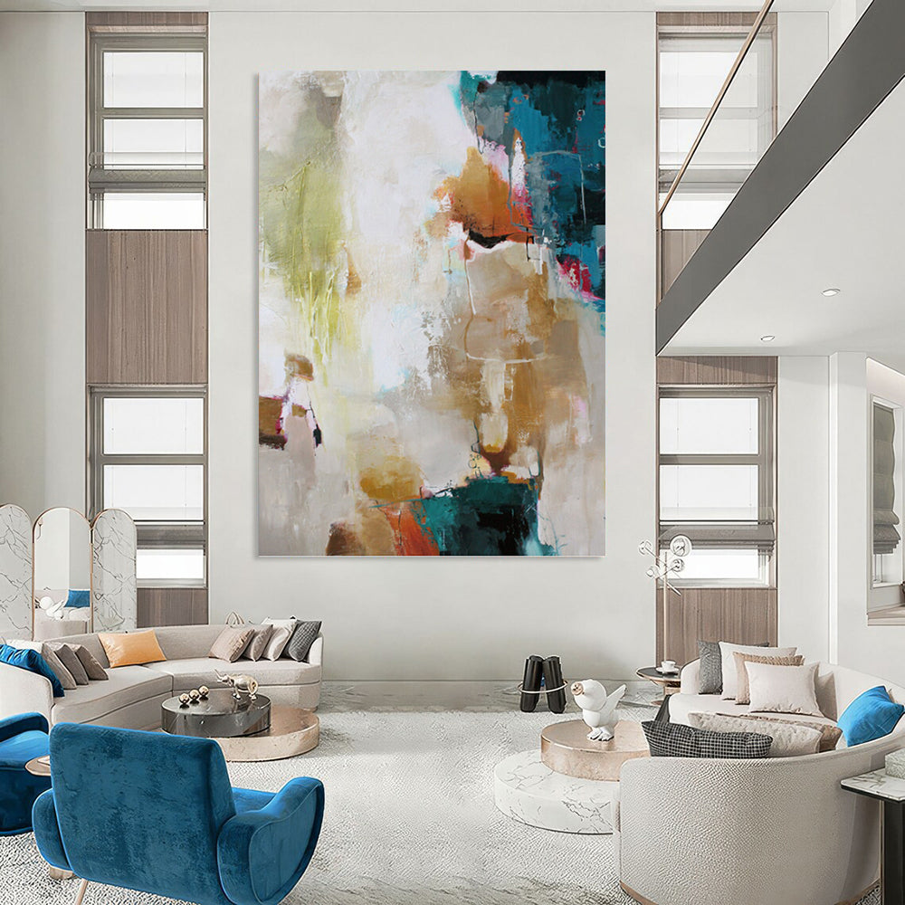 “Colorful Abstract Harmony” - Green, Blue, Gold, Pink & White Vibrant Painting On Canvas DKH1019