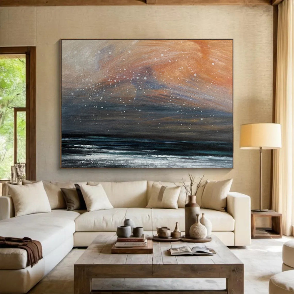 Orange and Gray Starry Shore “Dusk Sky Beach” Painting On Canvas DKH110