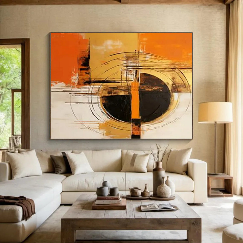 “Orange - Black - White Abstract Circles” ,Abstract Acrylic Painting CT0853