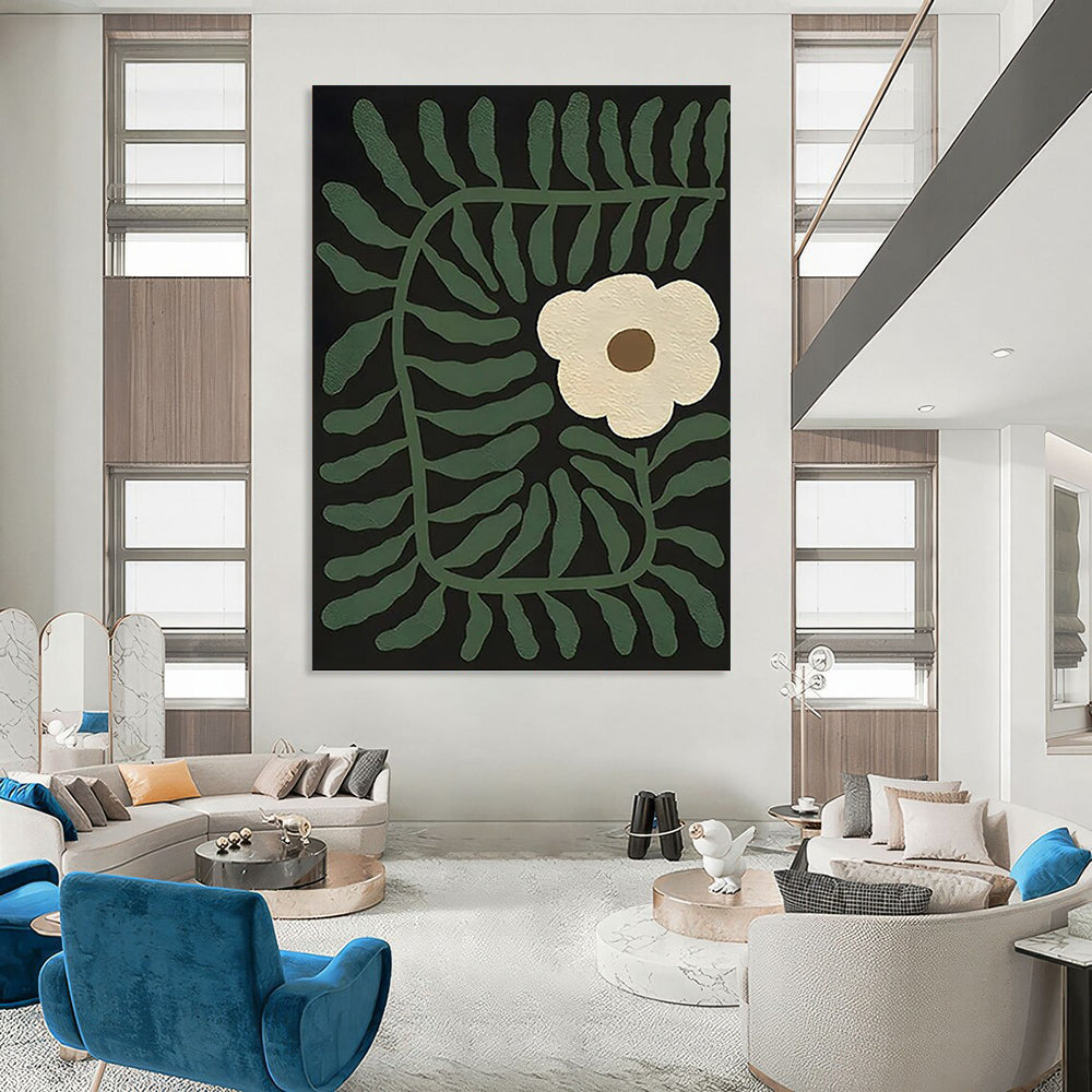 “Green - Leafed and White - Flowered Abstract” - Nature - Inspired Painting On Canvas DKH1115