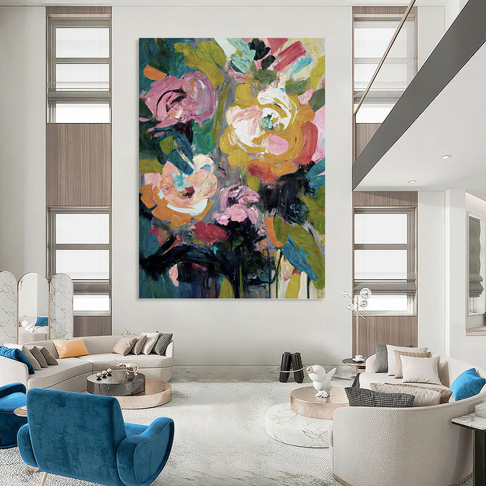 Colorful Floral Bouquet in Green Vase - Bold Flower Painting On Canvas DKH1355