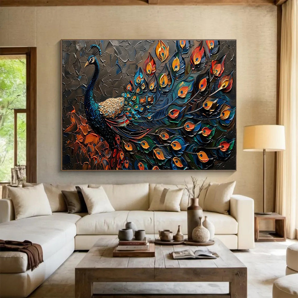 “Textured Peacock with Vivid Plumage” - Ornate Animal Painting On Canvas DKH807
