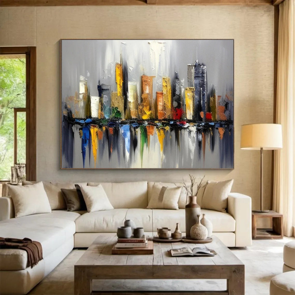 “Colorful Cityscape Reflection” Cityscape Painting On Canvas DLZ067