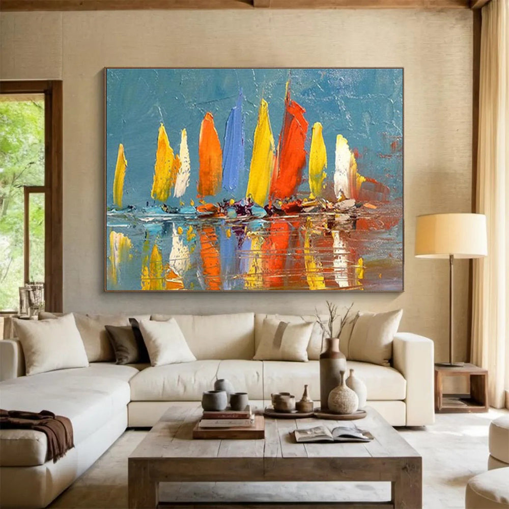 “Colorful Sailboats”:Impressionistic Marine Painting On Canvas DKH254