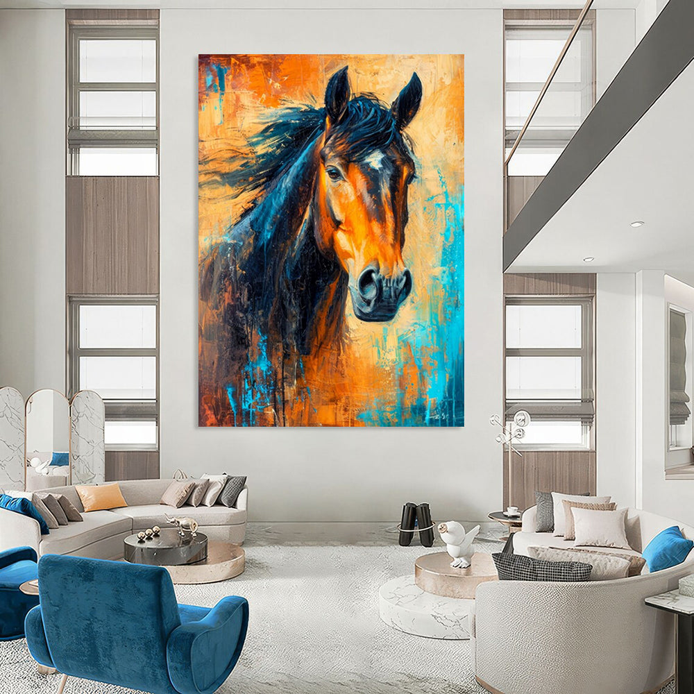 “Dynamic Horse Portrait” - Orange, Blue & Black Equine Painting On Canvas CT2210