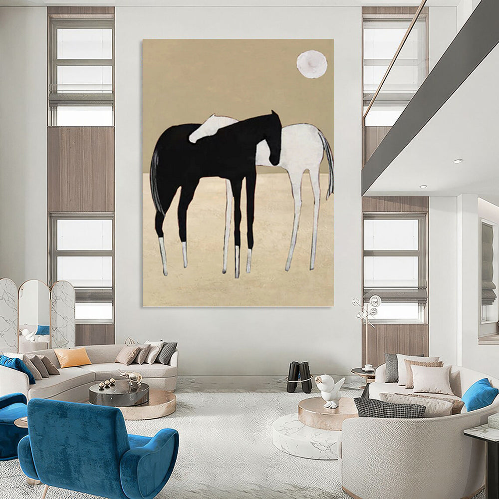 Minimalist Black and White Horses - Abstract Equine Painting On Canvas DKH1410