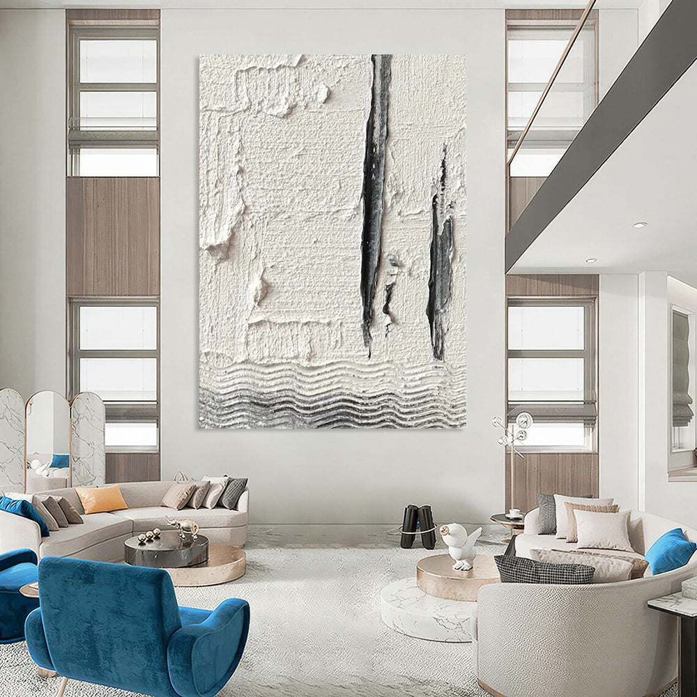 “White, Gray Textured Lines ‘Subtle Structure’” - Impasto Abstract Painting On Canvas DTP371