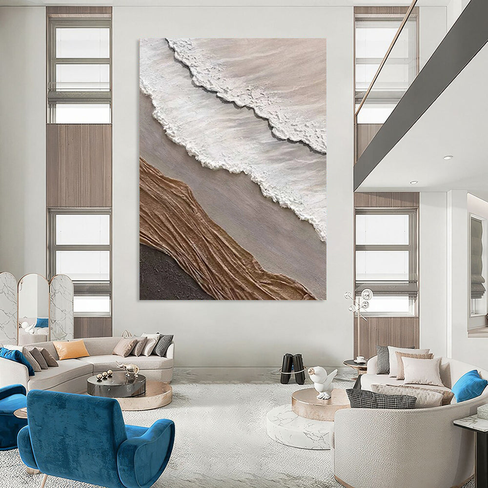 “White, Brown, Gray Textured Coast ‘Eroded Elegance’” - Mixed - Media Beach Painting On Canvas DTP344