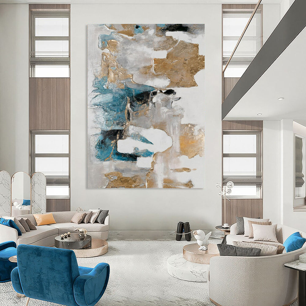 “Gold & Blue Abstraction” - Metallic Abstract Painting On Canvas CT2245