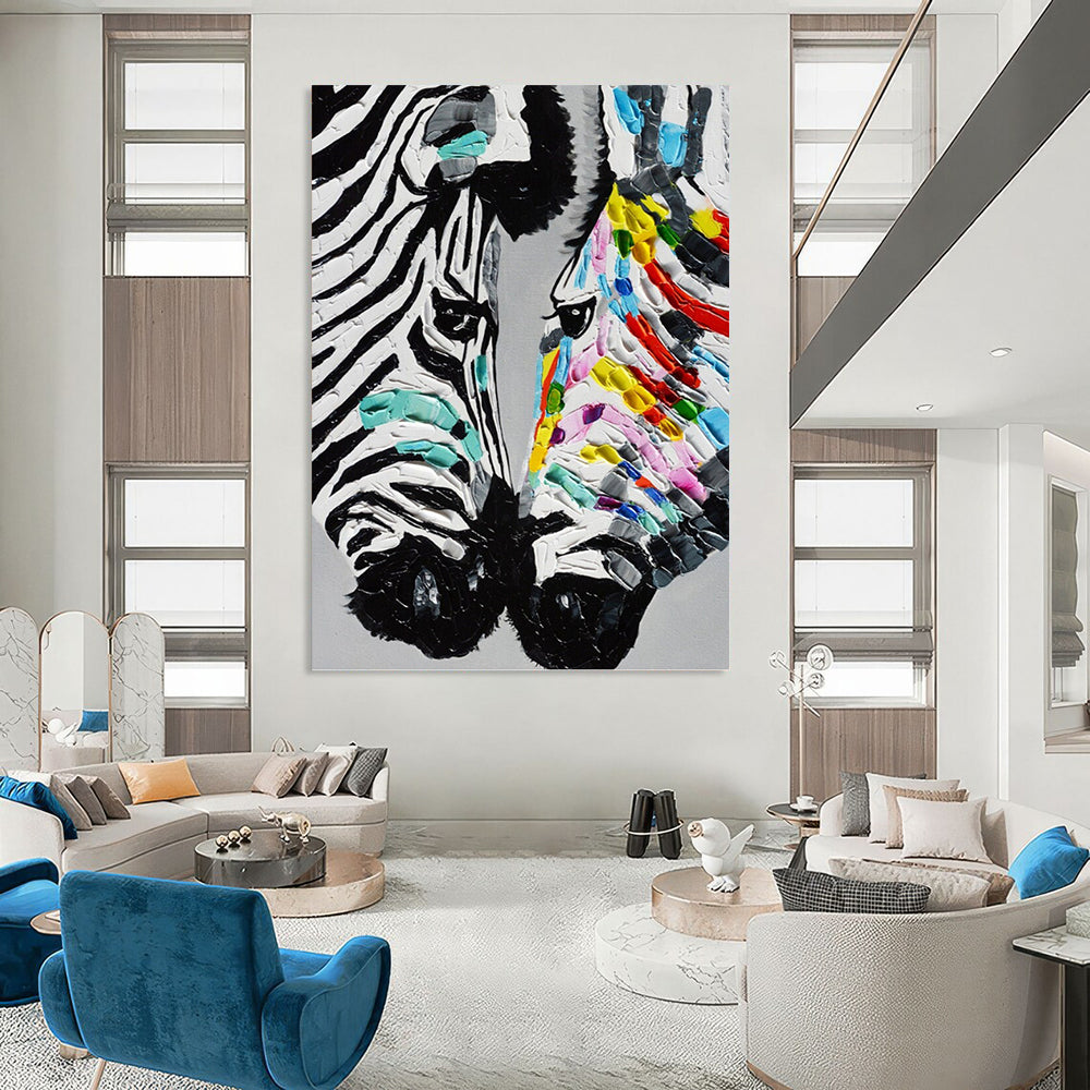 “Colorful Stripes” - Black, White & Colorful Textured Zebra Painting On Canvas DKH1545