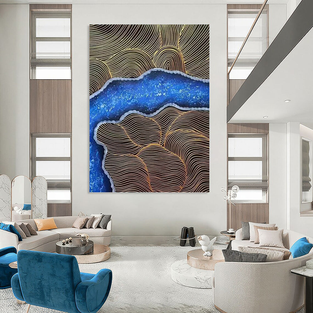 Blue and Gold Wave Abstract - Abstract Painting On Canvas DKH1345