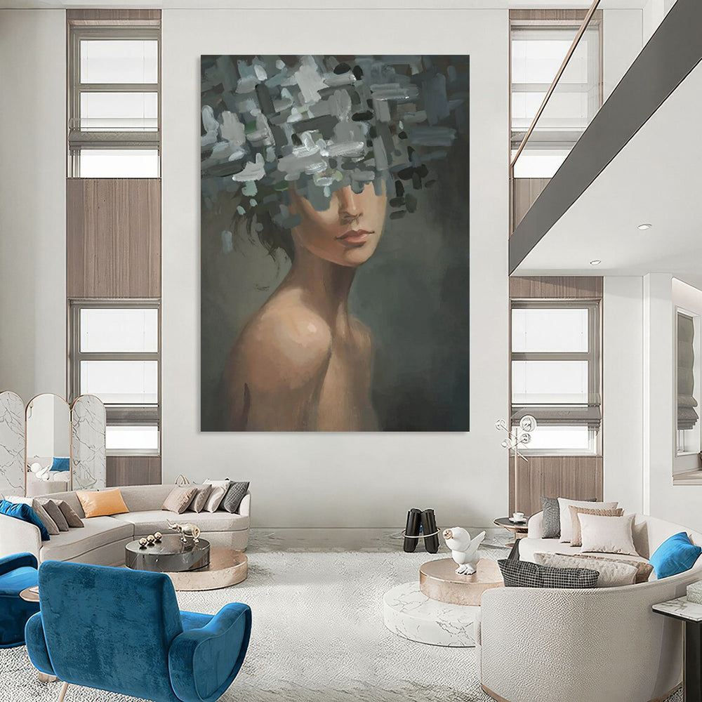 “Gray, Green, White Floral Head ‘Ethereal Veil’” - Figurative Flower Painting On Canvas DTP328