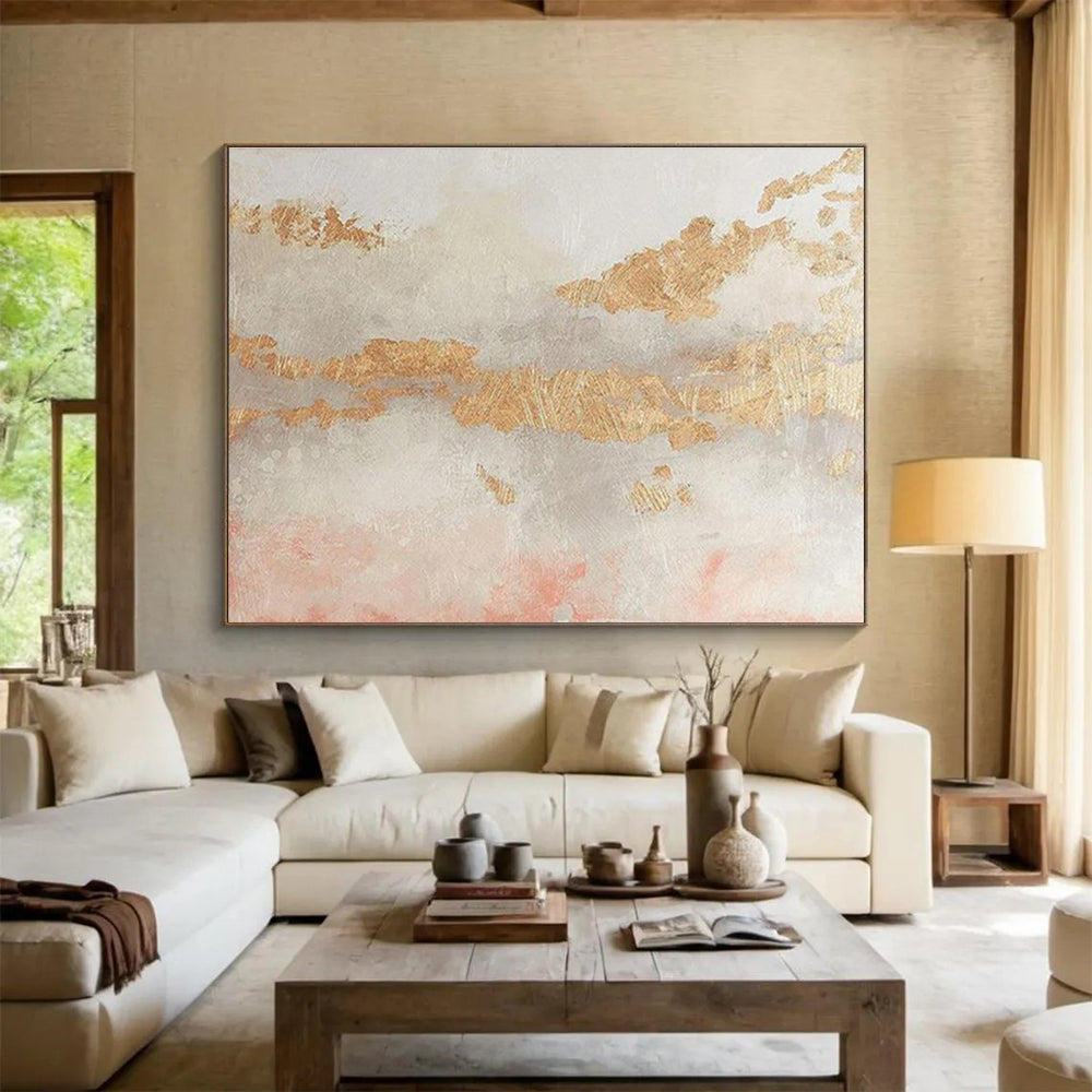 “Gold - Pink Abstract Textures” Abstract Mixed - Media Painting On Canvas DKH440
