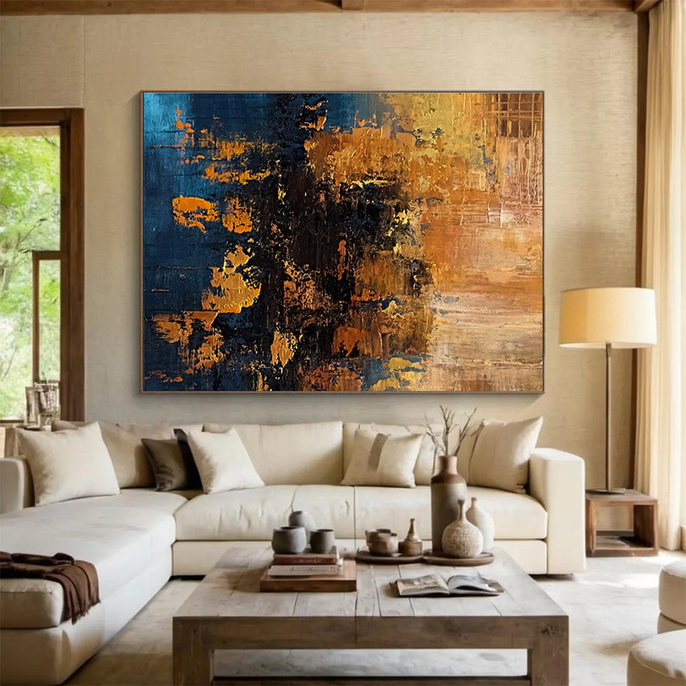 Blue and Gold Abstract Textures Richly Layered Metallic Abstract Painting On Canvas DKH267