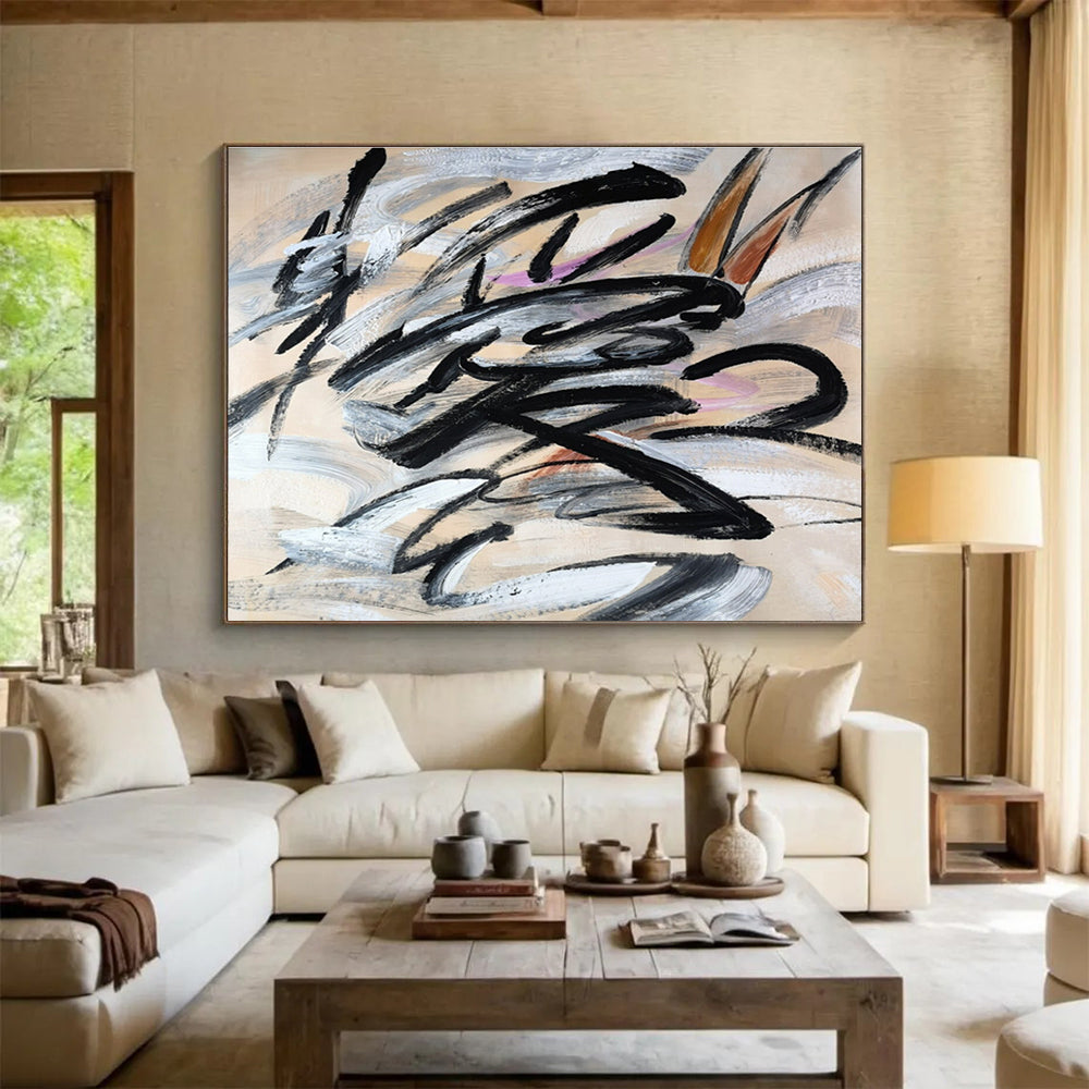 Dynamic Black and Gray Brushstroke Painting On Canvas DKH289