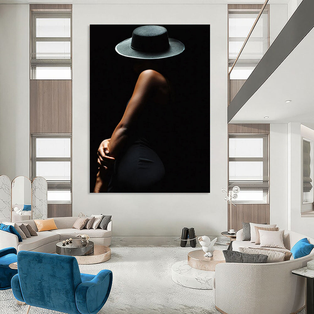 “Black Silhouette of a Woman in Hat” - Figurative Painting On Canvas DKH1606
