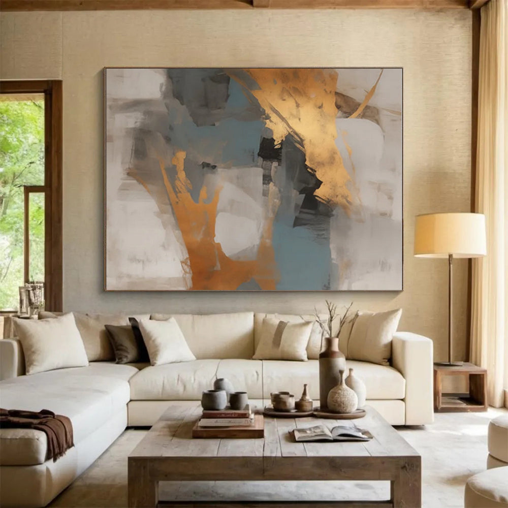 “Gray - Gold - Blue Abstract Blocks” ,Abstract Acrylic Painting CT0848