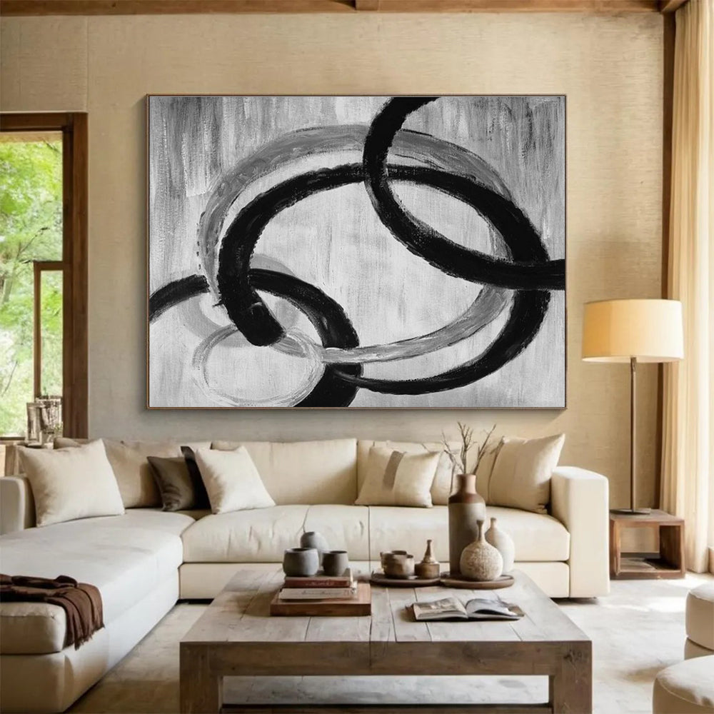 Intertwined Black and Gray Circular Abstract Painting On Canvas DKH175