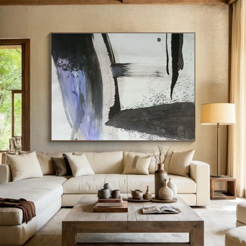 “Black, White, and Purple Abstract” - Minimalist Abstract Painting On Canvas DKH852