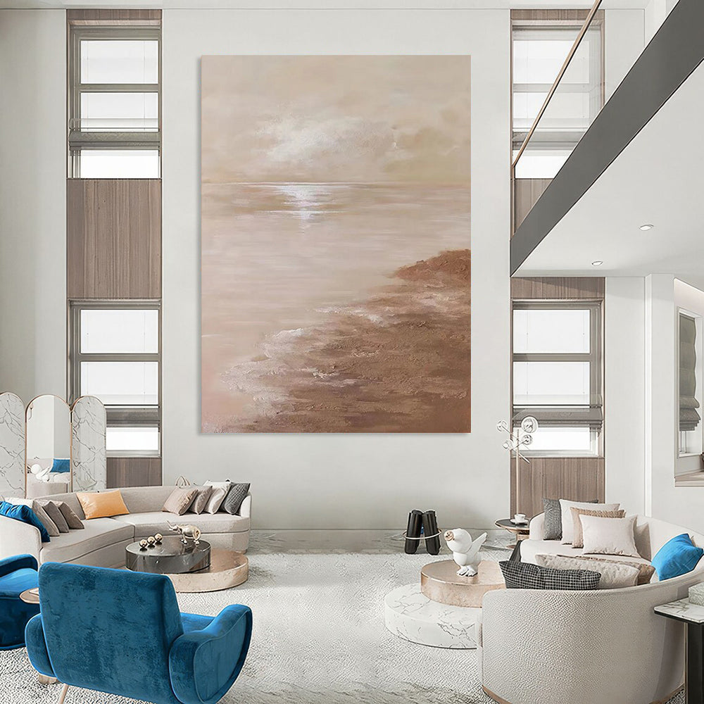 “Beige, Brown Serene Sea ‘Tranquil Horizon’” - Impasto Seaside Painting On Canvas DTP341