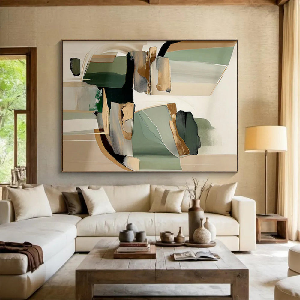 Green, Beige & Gold Geometric Forms, “Elegant Abstraction” - Mixed - Media Abstract Painting CT0764