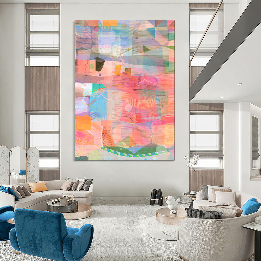 Colorful Collage Shapes, Light Hues - "Sunny Patchwork" - Mixed - media Abstract Art CT1862
