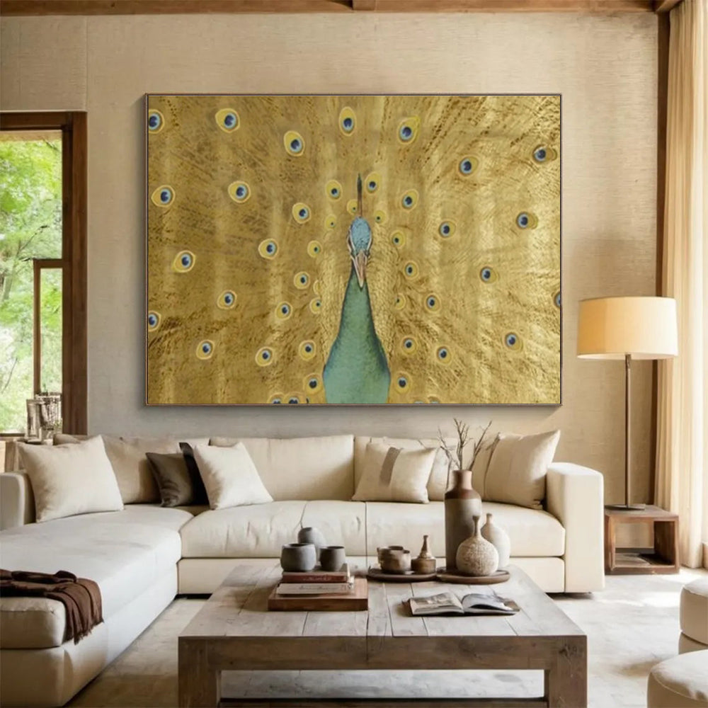 “Golden Peacock Display” - Gold, Blue, Green Realistic Bird Painting On Canvas DKH740