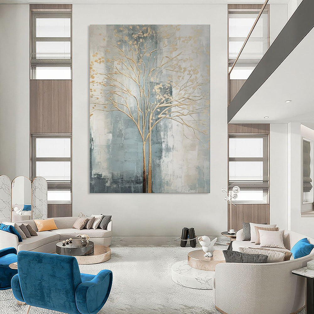 Gold Tree, Blue - Grey Background - "Gilded Growth" - Abstract Landscape Painting CT1838