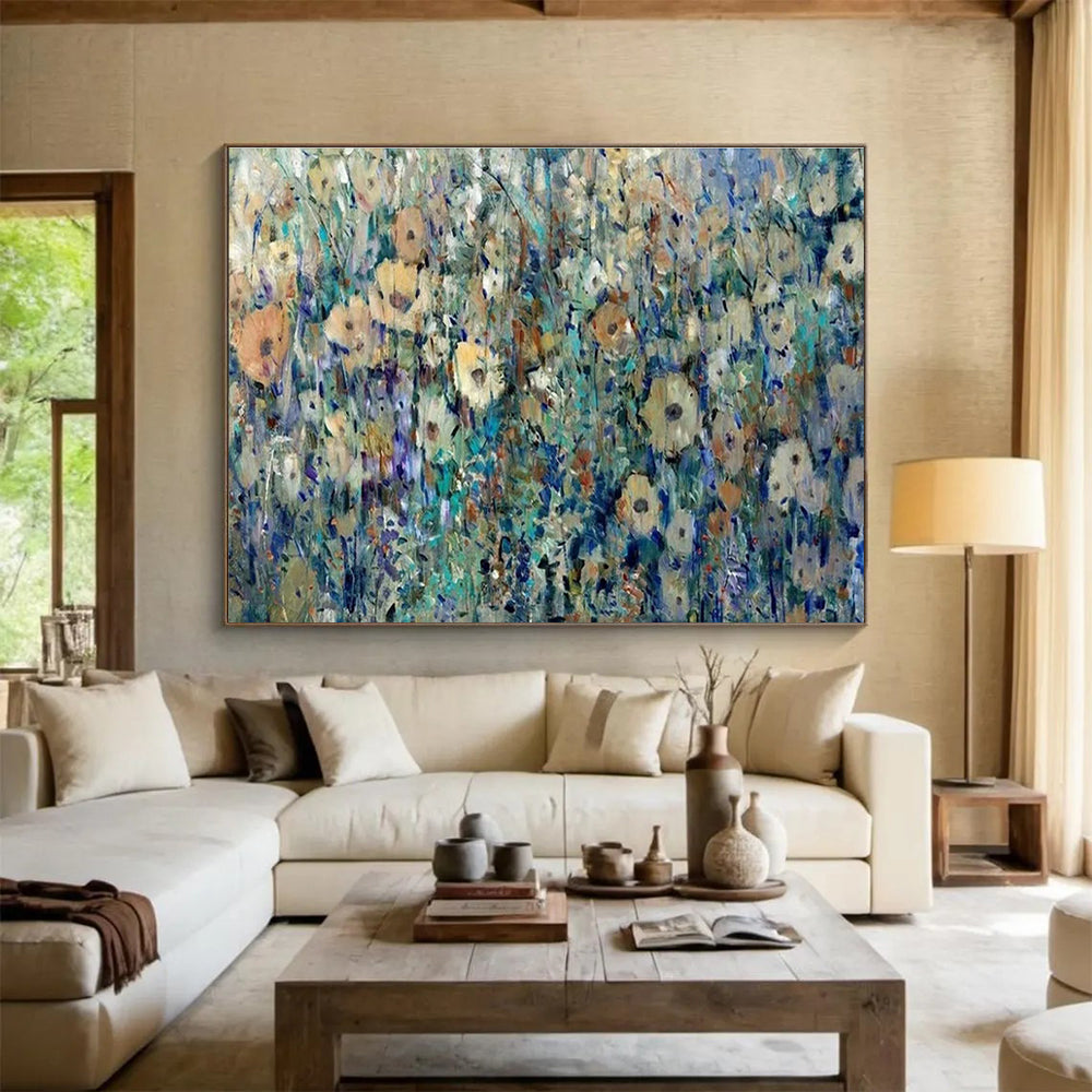 Impressionistic Wildflower Field - Blue, Green & Yellow Floral Painting On Canvas DKH897