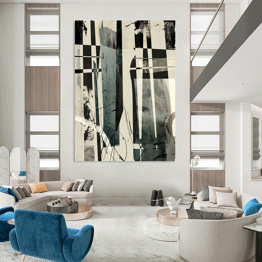 “Checkerboard Abstract Fusion” - Black, White, Gray Abstract Painting On Canvas DTP218