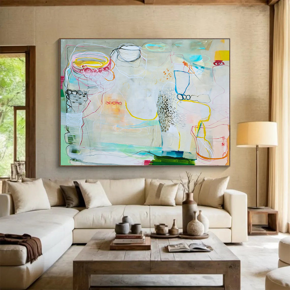 Mixed - Color Abstract with Linear Elements “Whimsical Line Play” Painting On Canvas DKH071