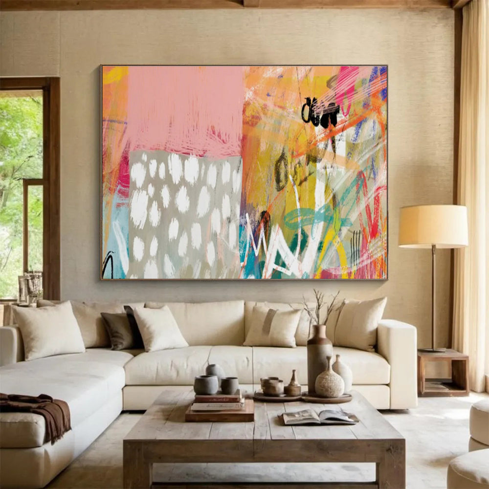 Playful Abstract in Pink, Orange, and Patterns Painting On Canvas DKH198