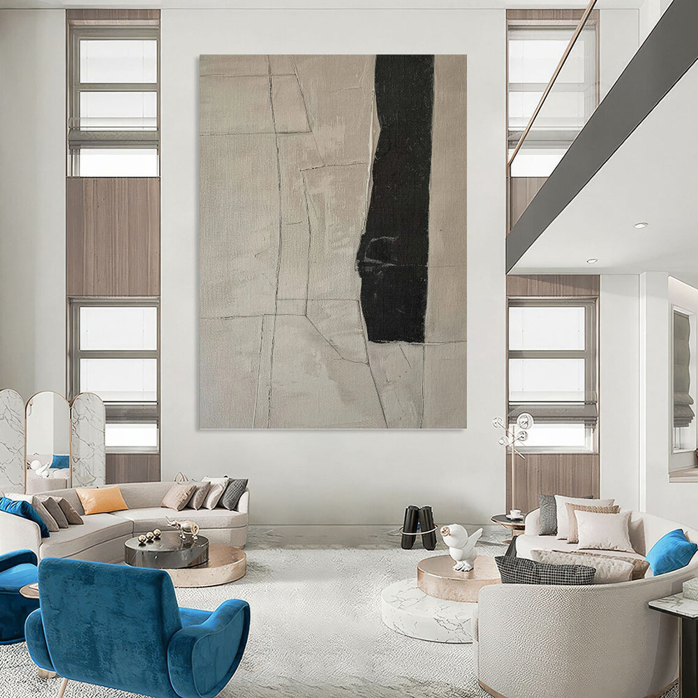 “Monochrome Cracks” - Beige & Black Geometric Lines Painting On Canvas DKH1158