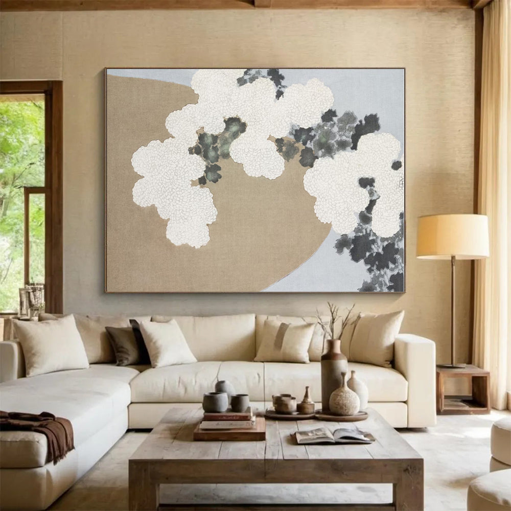 White Flowers & Gray Foliage on Beige, “Chrysanthemum Serenity” - Traditional - Inspired Acrylic Painting CT0750