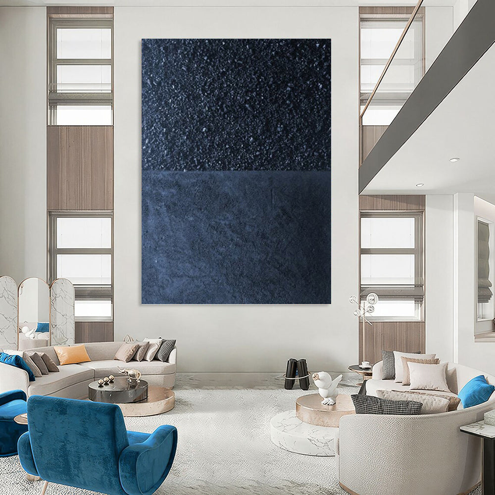 Two - Tone Black & Dark Blue - Minimalist Textured Painting On Canvas DKH1247