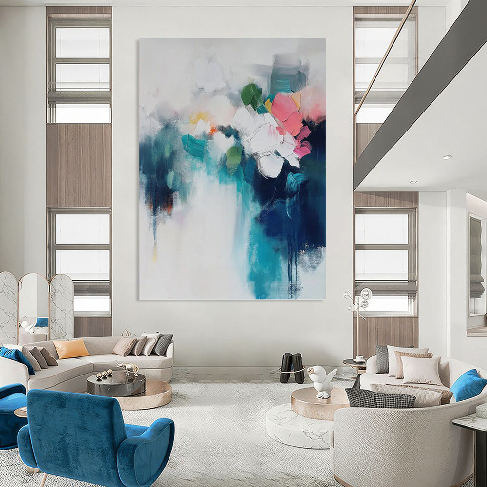 “Colorful Abstract Floral Bouquet” - Blue, White, Pink & Green Impressionistic Flower Painting On Canvas DKH0996